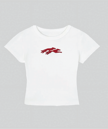 Embroidery Twin Dog Crop Top White