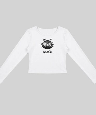 White Embroidery Static Cat Long Sleeve Fitted Crop Top