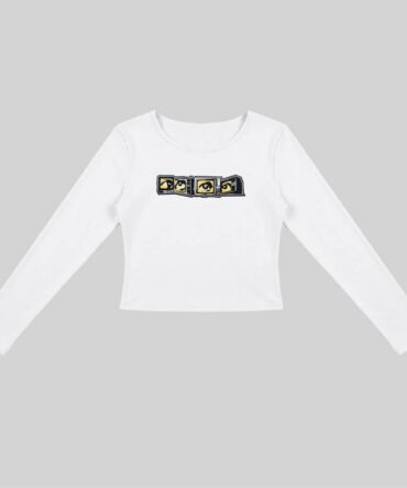 White Embroidery Static Vision Long Sleeve Fitted Crop Top