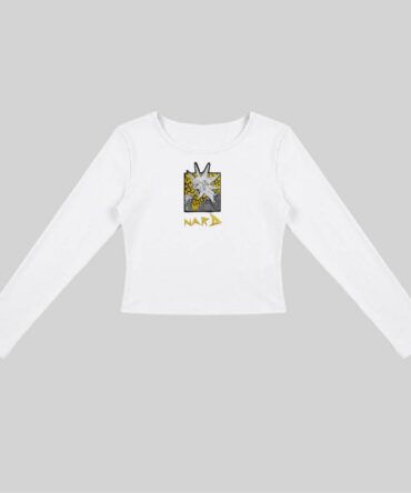 White Embroidery Static RockStar Long Sleeve Fitted Crop Top
