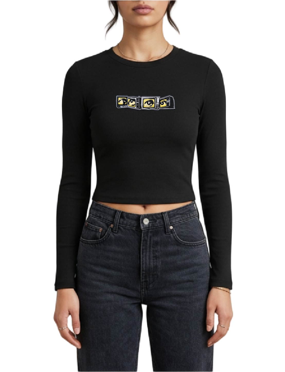 Black Embroidery Static Vision Long Sleeve Fitted Crop Top - Image 2