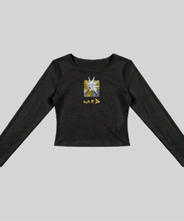 Black Embroidery Static RockStar Long Sleeve Fitted Crop Top