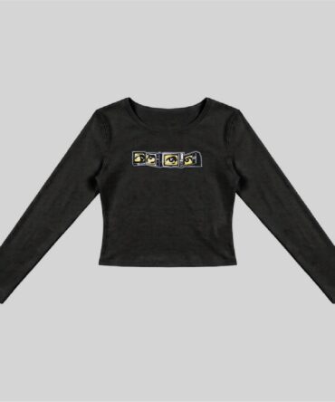 Black Embroidery Static Vision Long Sleeve Fitted Crop Top