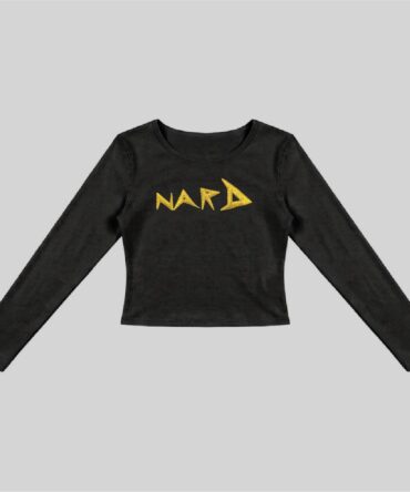 Black Embroidery Static NARD Long Sleeve Fitted Crop Top